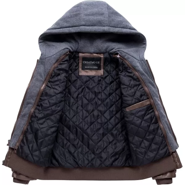 CREATMO US Mens Faux Leather Jacket Motorcycle Jacket Waterproof Windproof PU Moto Vintage Bomber Hoodie with Removable HoodCoffee