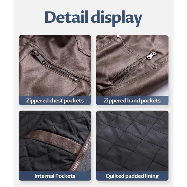 CREATMO US Mens Faux Leather Jacket Motorcycle Jacket Waterproof Windproof PU Moto Vintage Bomber Hoodie with Removable HoodCoffee