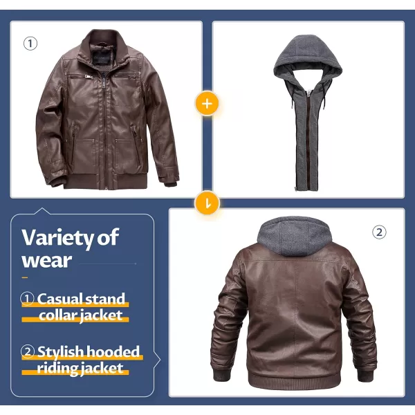 CREATMO US Mens Faux Leather Jacket Motorcycle Jacket Waterproof Windproof PU Moto Vintage Bomber Hoodie with Removable HoodCoffee Light