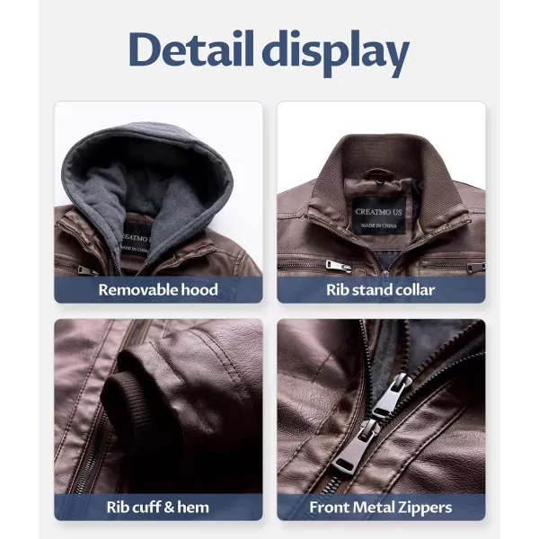 CREATMO US Mens Faux Leather Jacket Motorcycle Jacket Waterproof Windproof PU Moto Vintage Bomber Hoodie with Removable HoodCoffee Light
