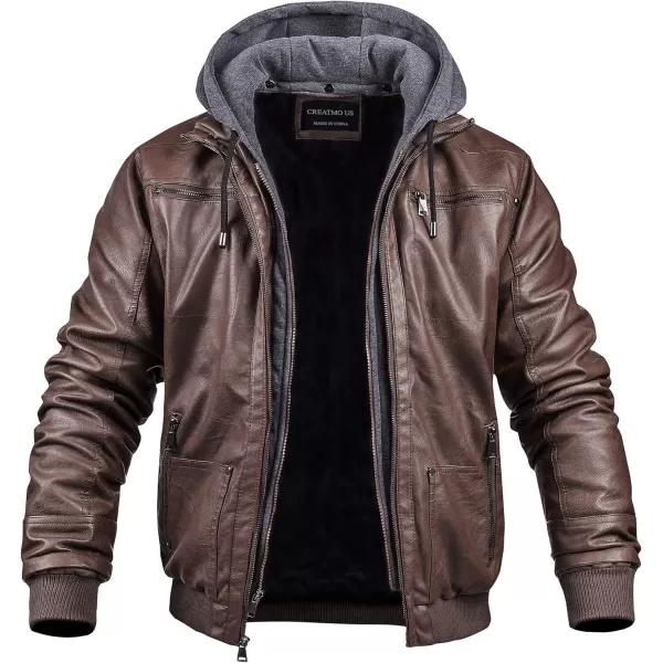 CREATMO US Mens Faux Leather Jacket Motorcycle Jacket Waterproof Windproof PU Moto Vintage Bomber Hoodie with Removable HoodCoffee Light