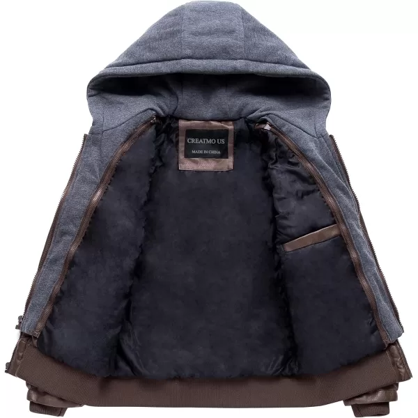 CREATMO US Mens Faux Leather Jacket Motorcycle Jacket Waterproof Windproof PU Moto Vintage Bomber Hoodie with Removable HoodCoffee Light