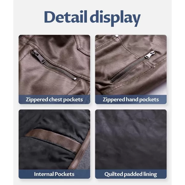 CREATMO US Mens Faux Leather Jacket Motorcycle Jacket Waterproof Windproof PU Moto Vintage Bomber Hoodie with Removable HoodCoffee Light