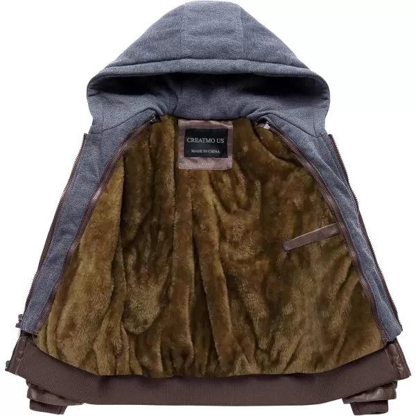 CREATMO US Mens Faux Leather Jacket Motorcycle Jacket Waterproof Windproof PU Moto Vintage Bomber Hoodie with Removable HoodCoffee Velvet Lined