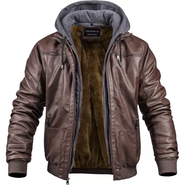 CREATMO US Mens Faux Leather Jacket Motorcycle Jacket Waterproof Windproof PU Moto Vintage Bomber Hoodie with Removable HoodCoffee Velvet Lined