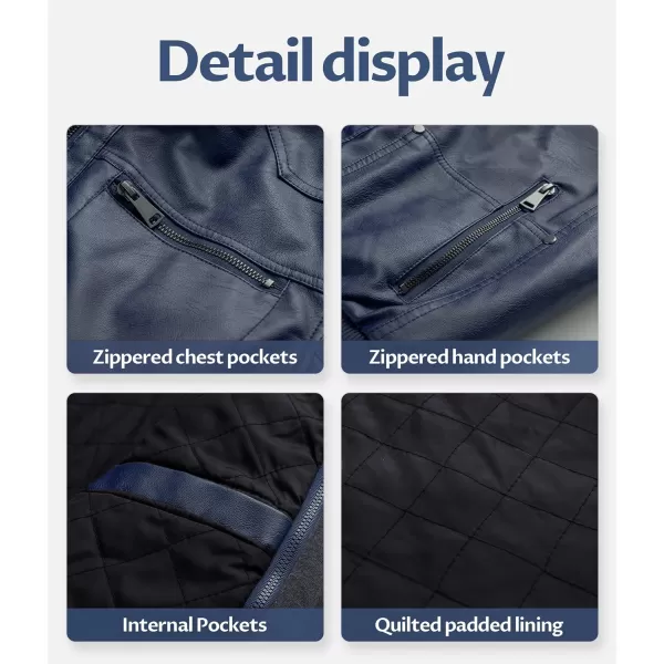 CREATMO US Mens Faux Leather Jacket Motorcycle Jacket Waterproof Windproof PU Moto Vintage Bomber Hoodie with Removable HoodNavy