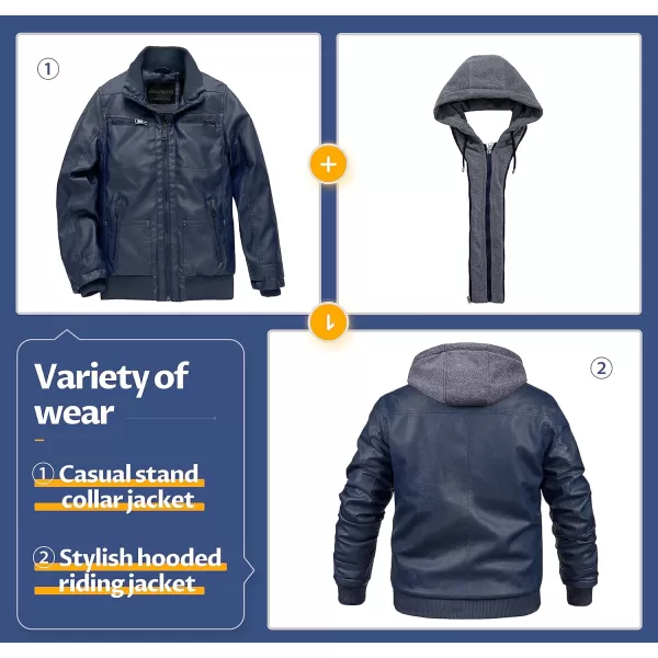 CREATMO US Mens Faux Leather Jacket Motorcycle Jacket Waterproof Windproof PU Moto Vintage Bomber Hoodie with Removable HoodNavy