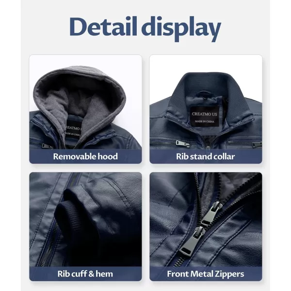 CREATMO US Mens Faux Leather Jacket Motorcycle Jacket Waterproof Windproof PU Moto Vintage Bomber Hoodie with Removable HoodNavy