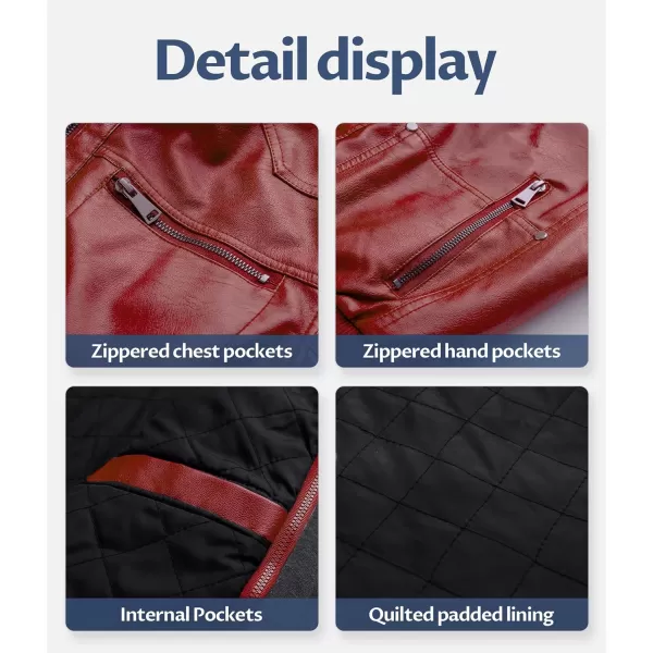 CREATMO US Mens Faux Leather Jacket Motorcycle Jacket Waterproof Windproof PU Moto Vintage Bomber Hoodie with Removable HoodRed
