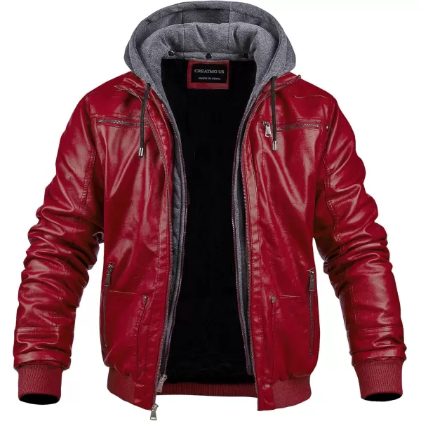 CREATMO US Mens Faux Leather Jacket Motorcycle Jacket Waterproof Windproof PU Moto Vintage Bomber Hoodie with Removable HoodRed