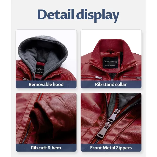 CREATMO US Mens Faux Leather Jacket Motorcycle Jacket Waterproof Windproof PU Moto Vintage Bomber Hoodie with Removable HoodRed