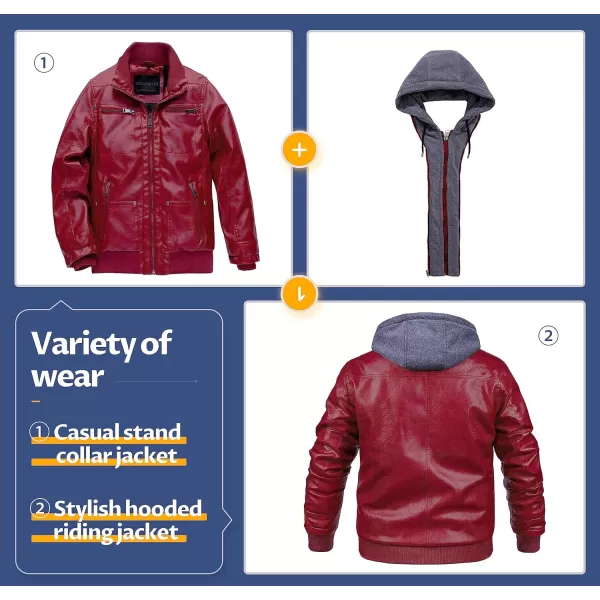 CREATMO US Mens Faux Leather Jacket Motorcycle Jacket Waterproof Windproof PU Moto Vintage Bomber Hoodie with Removable HoodRed