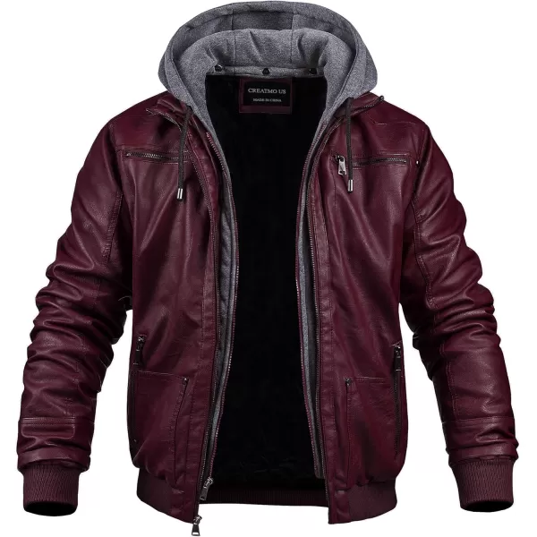 CREATMO US Mens Faux Leather Jacket Motorcycle Jacket Waterproof Windproof PU Moto Vintage Bomber Hoodie with Removable HoodWine Red