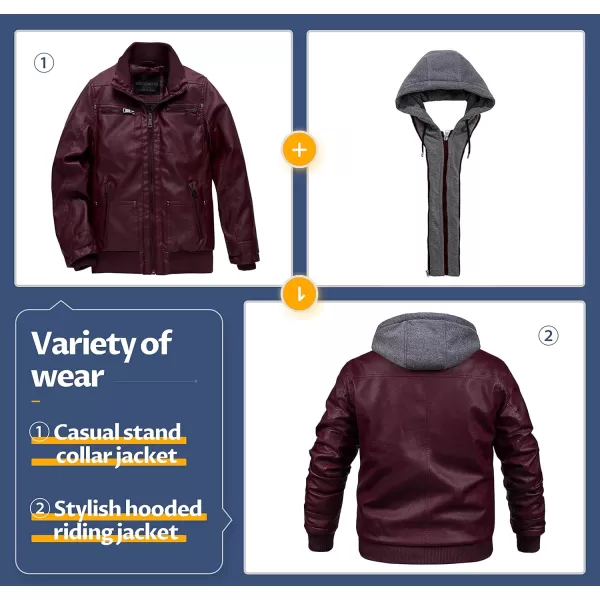 CREATMO US Mens Faux Leather Jacket Motorcycle Jacket Waterproof Windproof PU Moto Vintage Bomber Hoodie with Removable HoodWine Red Light