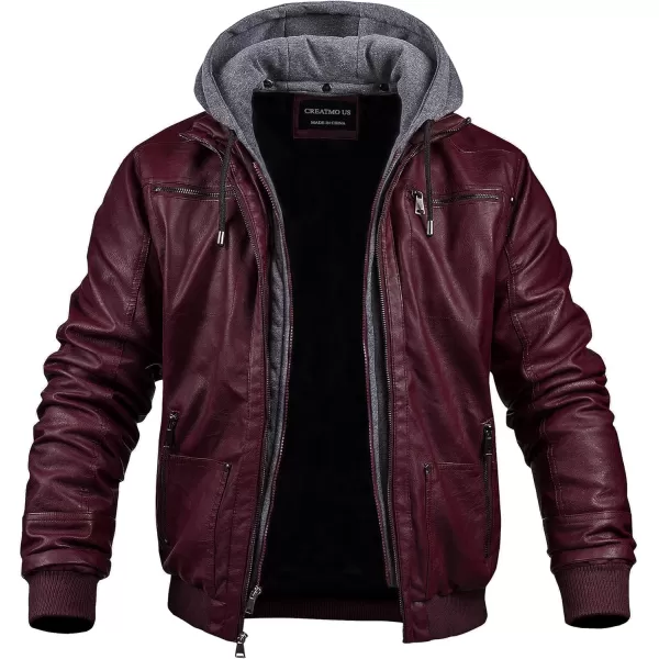 CREATMO US Mens Faux Leather Jacket Motorcycle Jacket Waterproof Windproof PU Moto Vintage Bomber Hoodie with Removable HoodWine Red Light