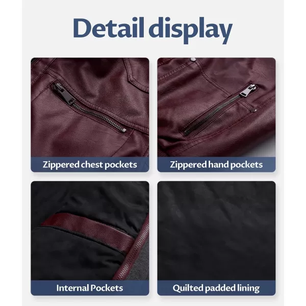 CREATMO US Mens Faux Leather Jacket Motorcycle Jacket Waterproof Windproof PU Moto Vintage Bomber Hoodie with Removable HoodWine Red Light