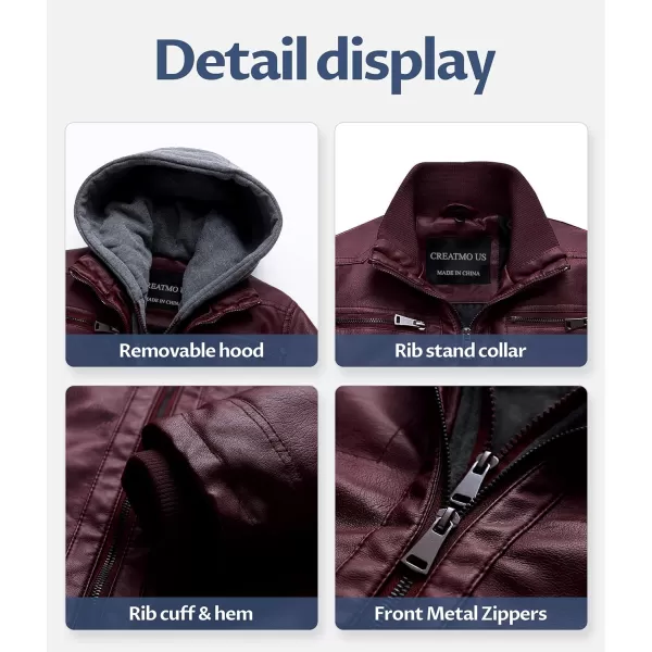 CREATMO US Mens Faux Leather Jacket Motorcycle Jacket Waterproof Windproof PU Moto Vintage Bomber Hoodie with Removable HoodWine Red Light