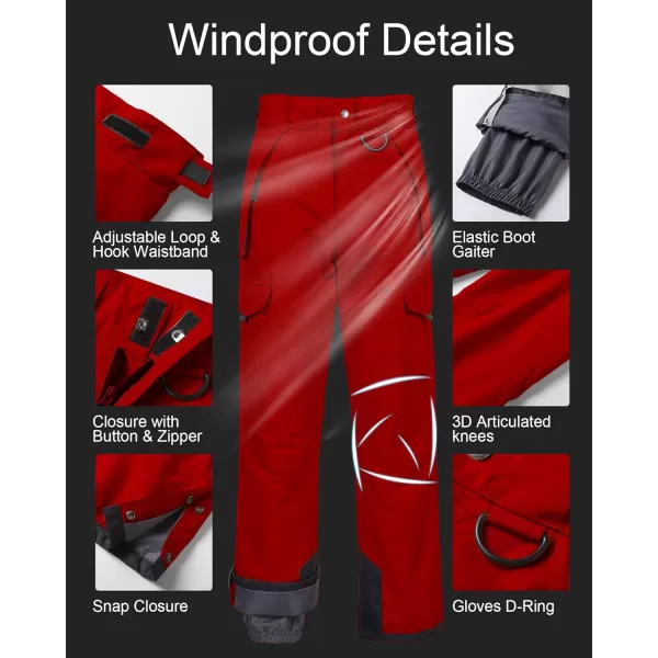 CREATMO US Mens Snow Pants Ski Bibs Waterproof Insulated Winter Snowboard CargoCargo Red