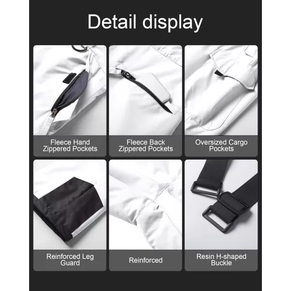 CREATMO US Mens Snow Pants Ski Bibs Waterproof Insulated Winter Snowboard CargoCargo White