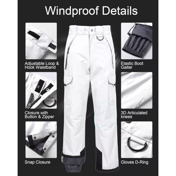 CREATMO US Mens Snow Pants Ski Bibs Waterproof Insulated Winter Snowboard CargoCargo White