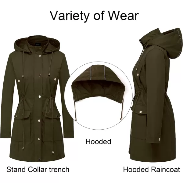 CREATMO US Womens Plus Size WaterResistant Trench Coat Long Windbreaker Military Jacket with Reflective Removable HoodArmy Green