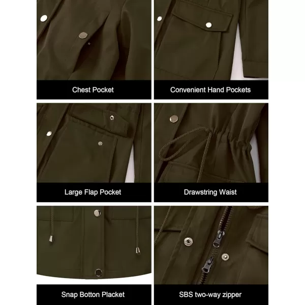 CREATMO US Womens Plus Size WaterResistant Trench Coat Long Windbreaker Military Jacket with Reflective Removable HoodArmy Green