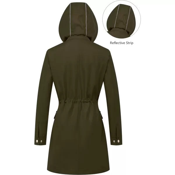 CREATMO US Womens Plus Size WaterResistant Trench Coat Long Windbreaker Military Jacket with Reflective Removable HoodArmy Green
