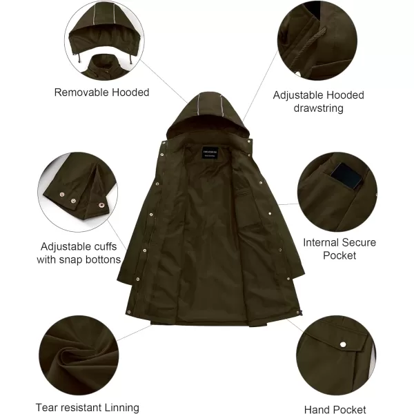 CREATMO US Womens Plus Size WaterResistant Trench Coat Long Windbreaker Military Jacket with Reflective Removable HoodArmy Green