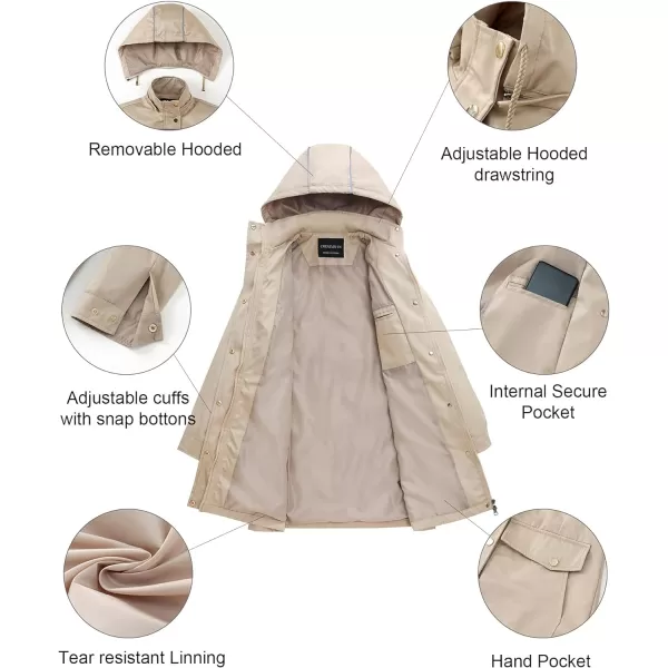 CREATMO US Womens Plus Size WaterResistant Trench Coat Long Windbreaker Military Jacket with Reflective Removable HoodKhaki