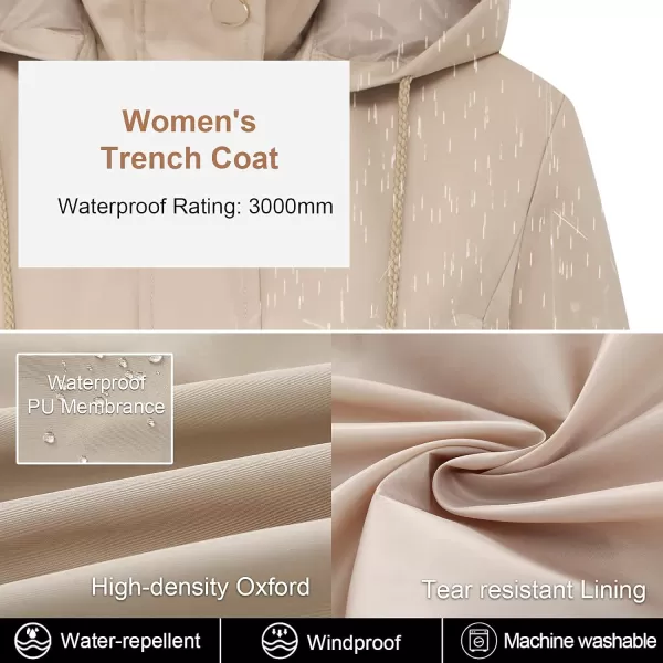 CREATMO US Womens Plus Size WaterResistant Trench Coat Long Windbreaker Military Jacket with Reflective Removable HoodKhaki