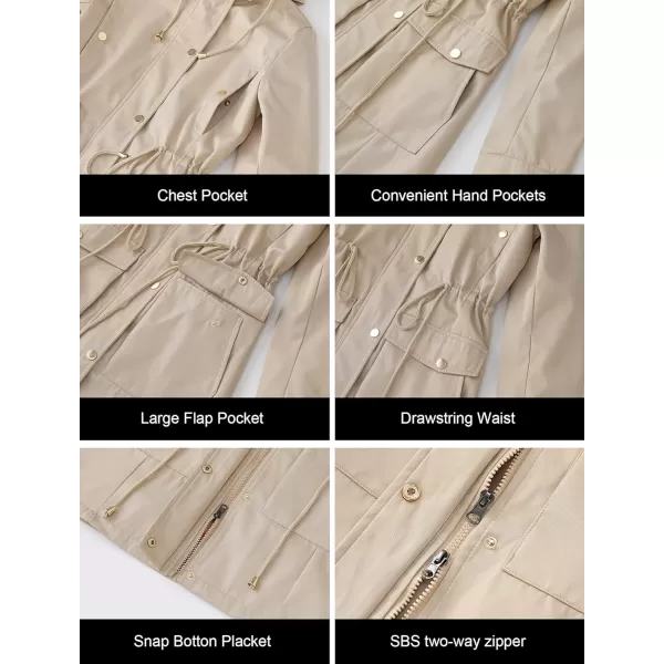 CREATMO US Womens Plus Size WaterResistant Trench Coat Long Windbreaker Military Jacket with Reflective Removable HoodKhaki