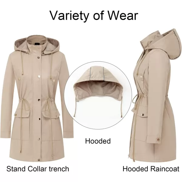 CREATMO US Womens Plus Size WaterResistant Trench Coat Long Windbreaker Military Jacket with Reflective Removable HoodKhaki