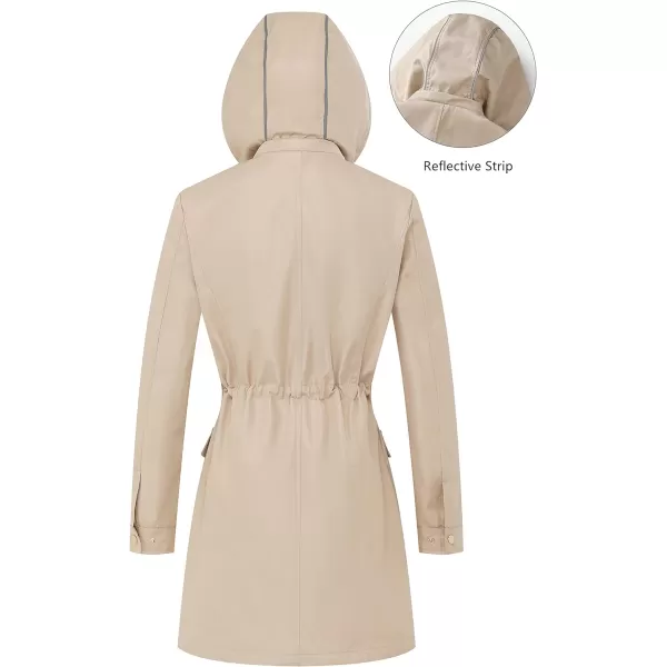 CREATMO US Womens Plus Size WaterResistant Trench Coat Long Windbreaker Military Jacket with Reflective Removable HoodKhaki