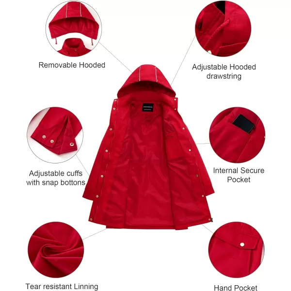 CREATMO US Womens Plus Size WaterResistant Trench Coat Long Windbreaker Military Jacket with Reflective Removable HoodRed