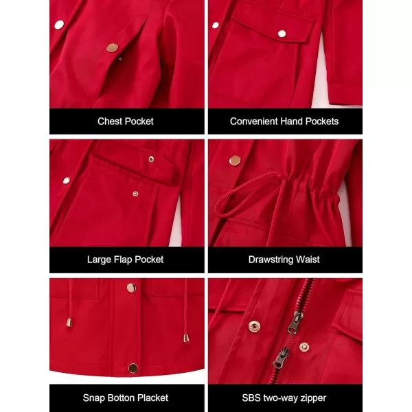 CREATMO US Womens Plus Size WaterResistant Trench Coat Long Windbreaker Military Jacket with Reflective Removable HoodRed