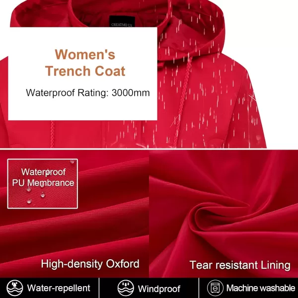 CREATMO US Womens Plus Size WaterResistant Trench Coat Long Windbreaker Military Jacket with Reflective Removable HoodRed