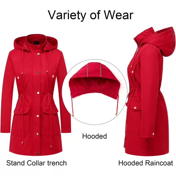 CREATMO US Womens Plus Size WaterResistant Trench Coat Long Windbreaker Military Jacket with Reflective Removable HoodRed