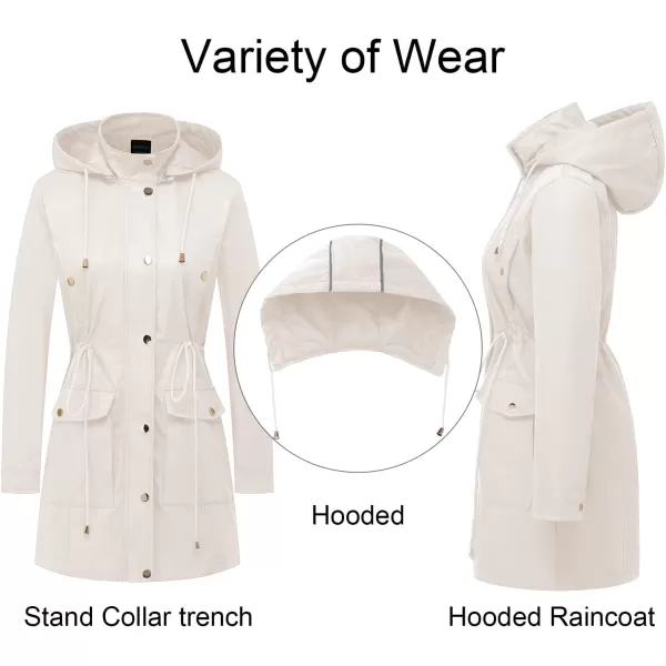 CREATMO US Womens Plus Size WaterResistant Trench Coat Long Windbreaker Military Jacket with Reflective Removable HoodWhite