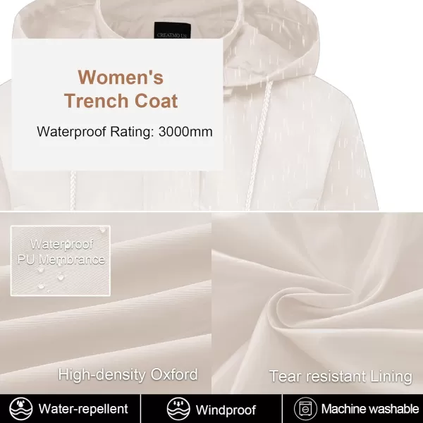 CREATMO US Womens Plus Size WaterResistant Trench Coat Long Windbreaker Military Jacket with Reflective Removable HoodWhite