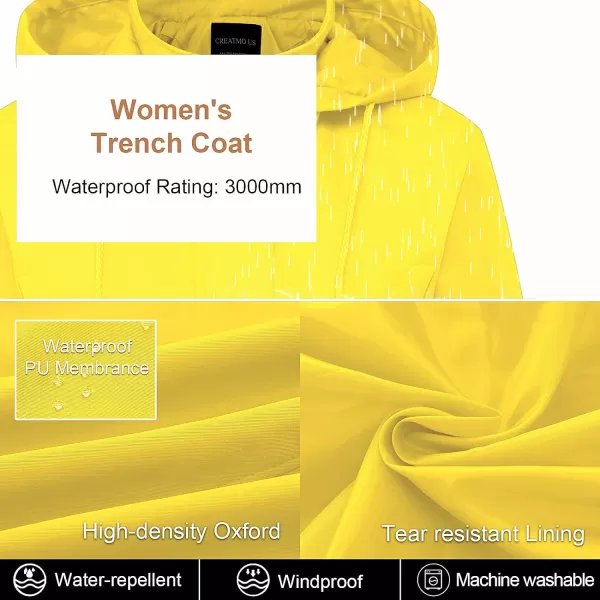 CREATMO US Womens Plus Size WaterResistant Trench Coat Long Windbreaker Military Jacket with Reflective Removable HoodYellow