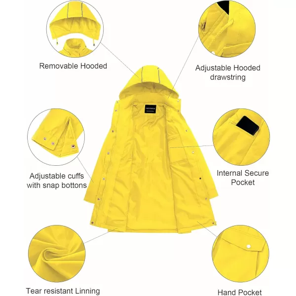CREATMO US Womens Plus Size WaterResistant Trench Coat Long Windbreaker Military Jacket with Reflective Removable HoodYellow