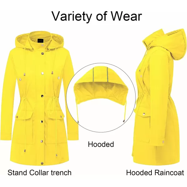 CREATMO US Womens Plus Size WaterResistant Trench Coat Long Windbreaker Military Jacket with Reflective Removable HoodYellow