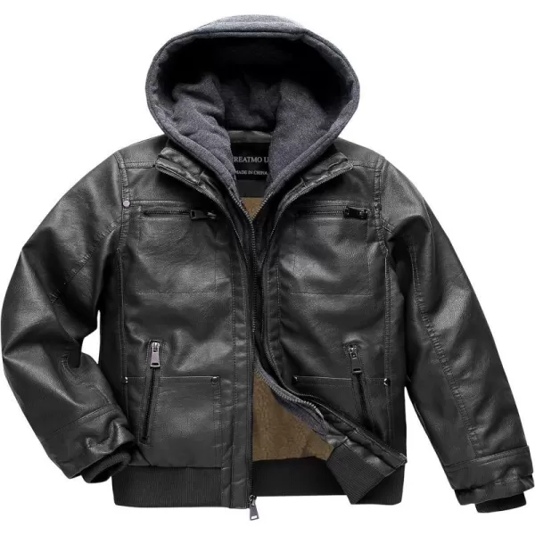 Boys Faux Leather Jacket Windproof Warm Winter Coat Kids Bomber Outerwear Waterproof PU Motorcycle JacketBlack Sherpa Lined