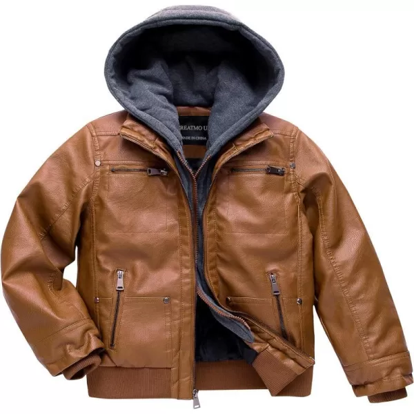 Boys Faux Leather Jacket Windproof Warm Winter Coat Kids Bomber Outerwear Waterproof PU Motorcycle JacketBrown Moderate