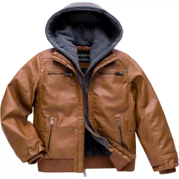 Boys Faux Leather Jacket Windproof Warm Winter Coat Kids Bomber Outerwear Waterproof PU Motorcycle JacketBrown Velvet Lined