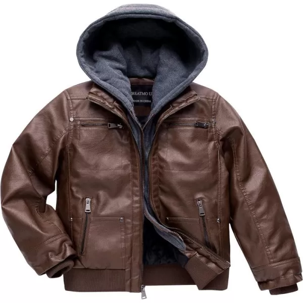 Boys Faux Leather Jacket Windproof Warm Winter Coat Kids Bomber Outerwear Waterproof PU Motorcycle JacketCoffee