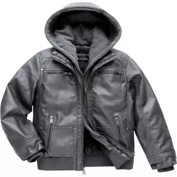 Boys Faux Leather Jacket Windproof Warm Winter Coat Kids Bomber Outerwear Waterproof PU Motorcycle JacketGrey