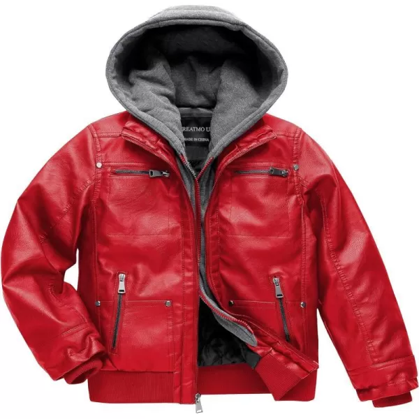 Boys Faux Leather Jacket Windproof Warm Winter Coat Kids Bomber Outerwear Waterproof PU Motorcycle JacketRed