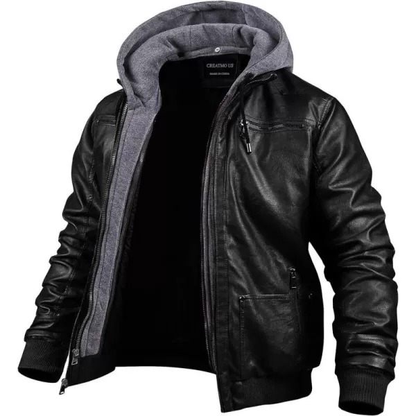 CREATMO US Mens Faux Leather Jacket Motorcycle Jacket Waterproof Windproof PU Moto Vintage Bomber Hoodie with Removable HoodBlack