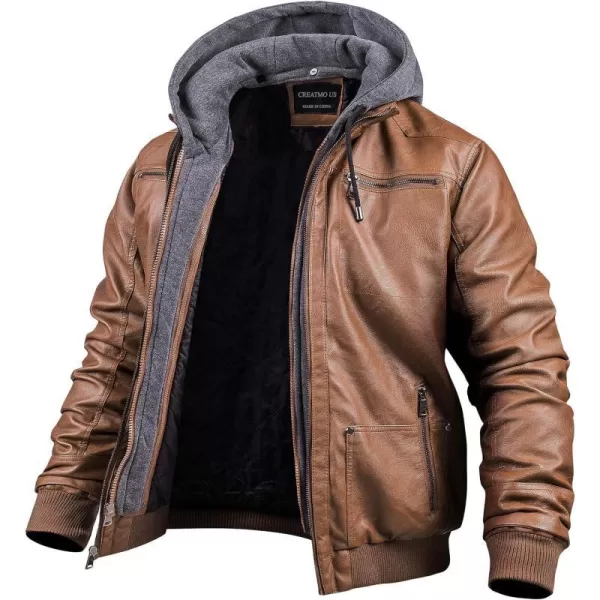 CREATMO US Mens Faux Leather Jacket Motorcycle Jacket Waterproof Windproof PU Moto Vintage Bomber Hoodie with Removable HoodBrown